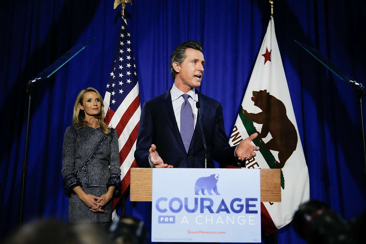 Gavin Newsom takes the stage and speaks to his supporters during his election night party at Verso, Tuesday, June 5, 2018, in San Francisco, Calif. Newsom is running for Governor of California.
