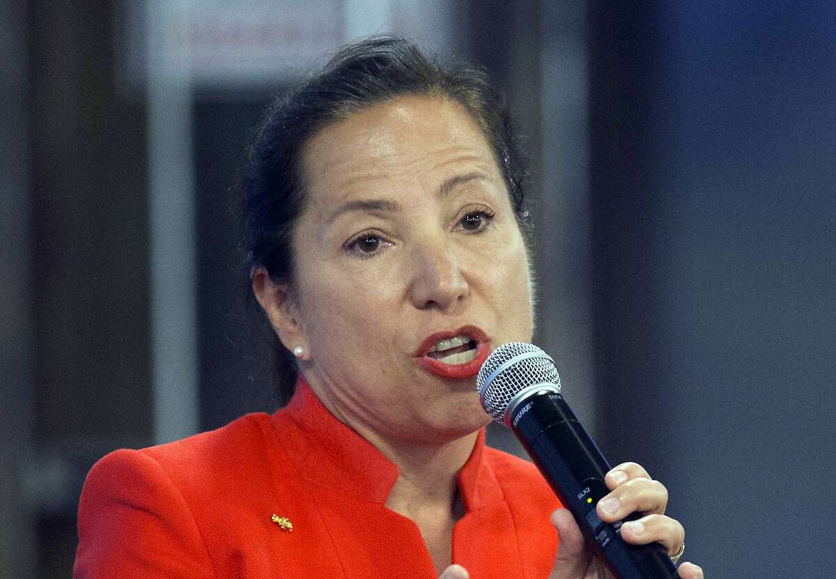 FILE - In this April 17, 2018, file photo, Eleni Kounalakis, Democratic candidate for lieutenant governor in the upcoming primary election, speaks during a debate sponsored by the Sacramento Press Club in Sacramento, Calif. (AP Photo/Steve Yeater, FIle)