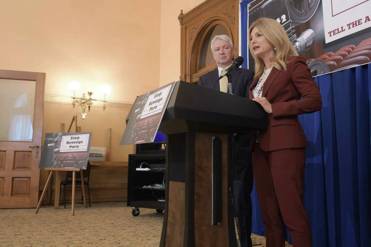 Attorney Sarah Bloom, foreground, discusses legislation to combat revenge porn during a press conference at the Capitol on Wednesday, June 6, 2018, in Albany, N.Y. Senator Phil Boyle, background, is the sponsor of legislation in the Senate that deals with revenge porn. (Paul Buckowski/Times Union)
