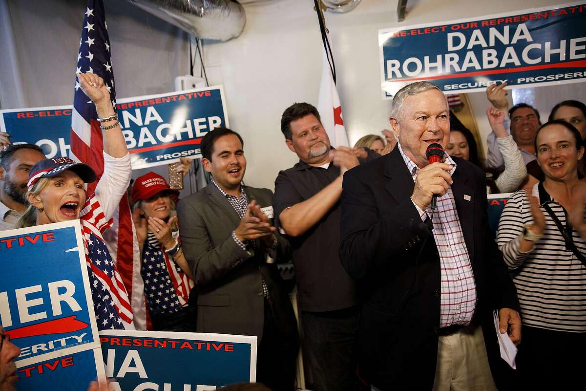 Dana Rohrabacher, Republican U.S. Senate candidate from California, speaks during a primary election watch party in Costa Mesa, California, U.S., on Tuesday, June 5, 2018. California's jungle primary is living up to its name in Orange County, where a former protege of 15-term Rohrabacher is among the names on a crowded June 5 ballot. Photographer: Patrick T. Fallon/Bloomberg