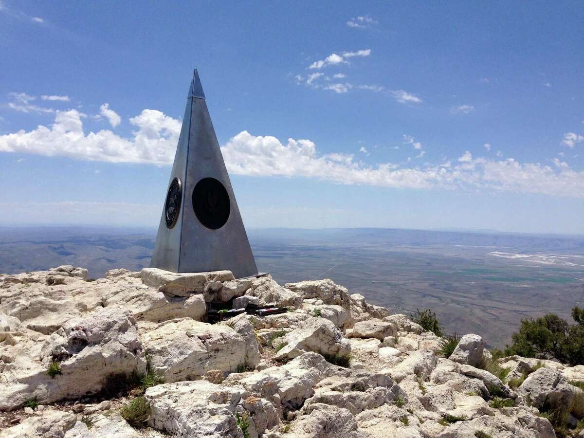 The monument atop Guadalupe Peak, the highest point in Texas. Make sure to sign the notebook inside the metal box to mark your accomplishment.