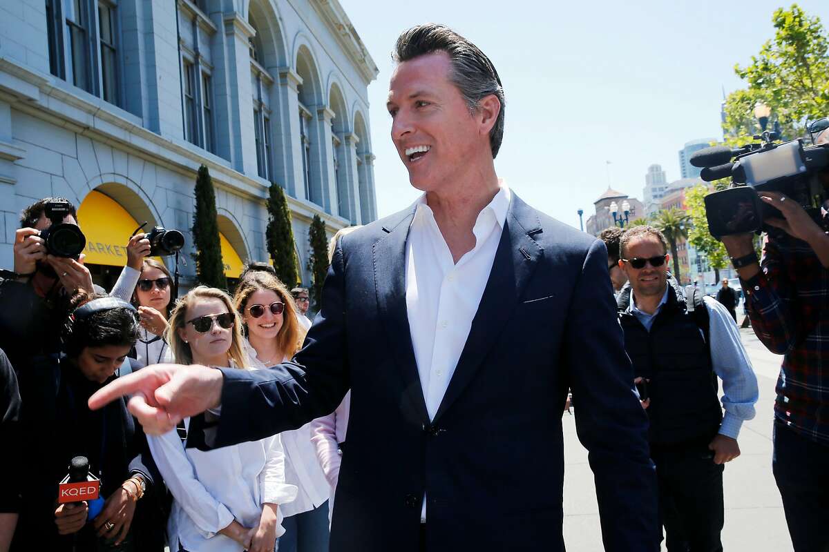Gavin Newsom greets supporters outside the Ferry Building, Wednesday, June 6, 2018, in San Francisco, Calif. Lt. Gov. Newsom (D) will face Republican businessman John Cox in the race to be the next Governor of California.