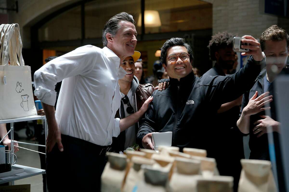 Gavin Newsom greets supporters inside the Ferry Building, Wednesday, June 6, 2018, in San Francisco, Calif. Lt. Gov. Newsom (D) will face Republican businessman John Cox in the race to be the next Governor of California.