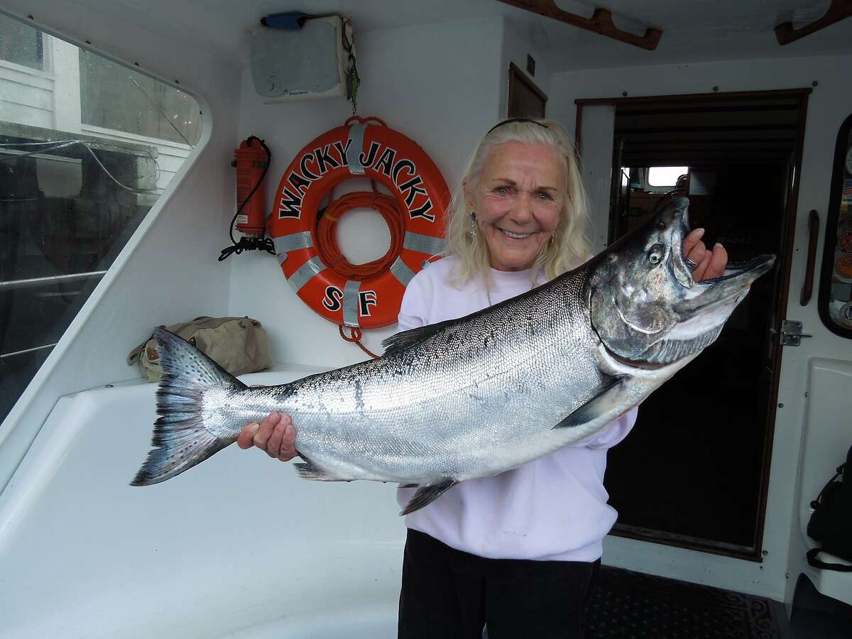 Jacqueline Douglas, captain of the Wacky Jacky out of San Francisco's Fishermen's Wharf, here with a big salmon, is ready to start her 47th year as a professional salmon skipper out the Golden Gate with the season opener on Sunday, June 17, 2018.
