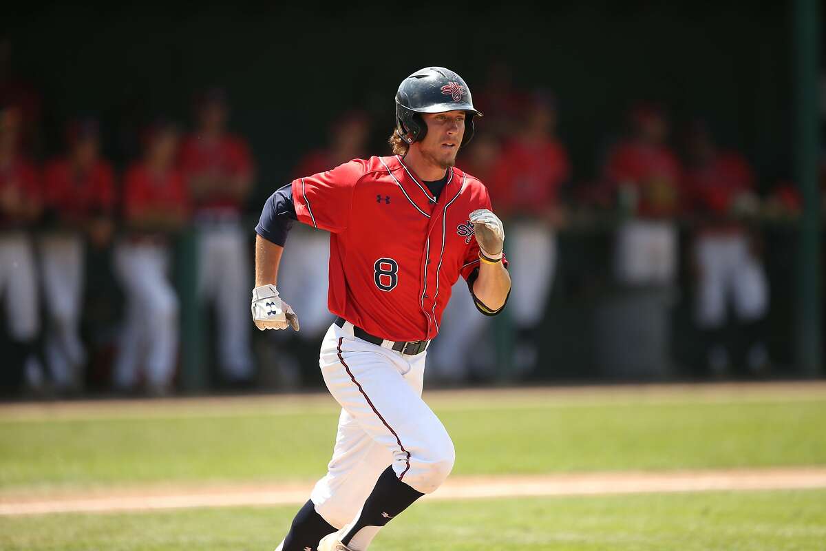Austin Piscotty runs to first base on May 13, 2018, at Louis Guisto Field on the campus of Saint Mary's College in Moraga, Calif., in the Gaels' game versus Pepperdine University, which the Gaels would win, 12-8.