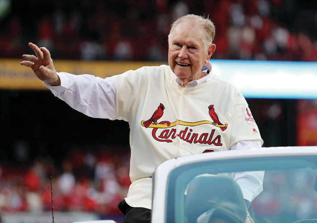 In this May 17, 2017 photo, Red Schoendienst, manager of the St. Louis Cardinals’ 1967 World Series championship team, takes part in a ceremony honoring the 50th anniversary of the title before a game between the Cardinals and the Boston Red Sox in St. Louis. Schoendienst, the Hall of Fame second baseman who managed the Cardinals to two pennants and a World Series championship in the 1960s, died Wednesday. He was 95.