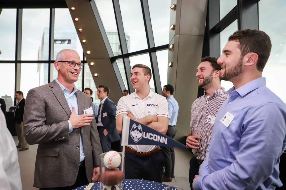 Men's basketball coach Dan Hurley speaks with fans duing the UConn Coaches Road Show at Hearst Tower in New York on Wednesday.