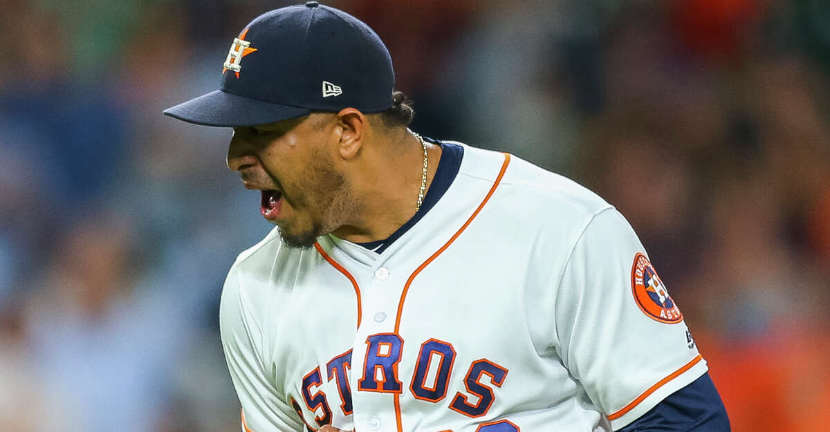 Houston Astros relief pitcher Hector Rondon (30) celebrates after striking out Seattle Mariners designated hitter Nelson Cruz (23) with two Mariners on base to end the ninth inning of a 7-5 win for the Astros at Minute Maid Park, Wednesday, June 6, 2018, in Houston. ( Mark Mulligan / Houston Chronicle )
