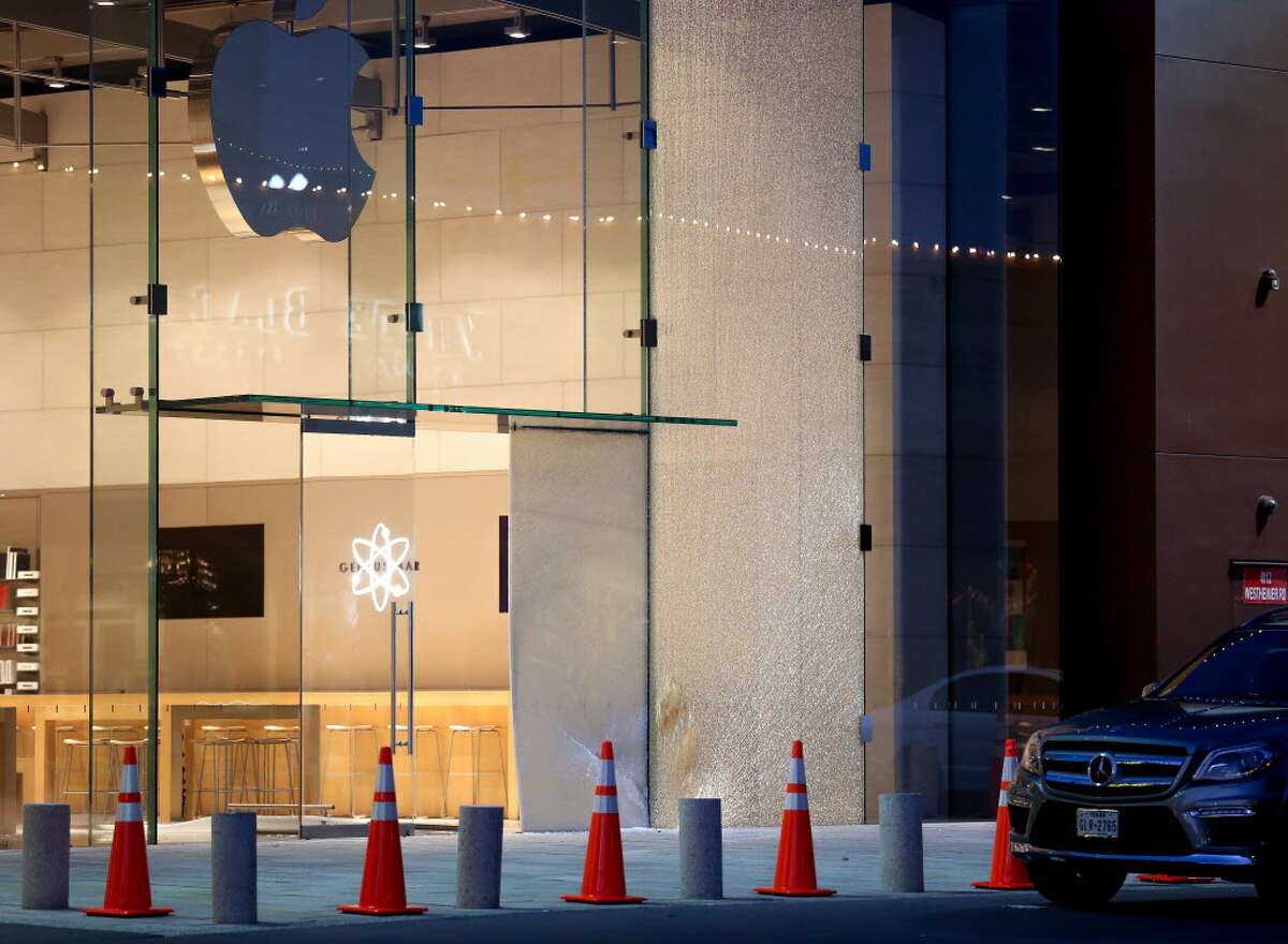 Suspects used a stolen vehicle for a smash and grab at the Apple Store in Highland Village Thursday, June 7, 2018, in Houston.