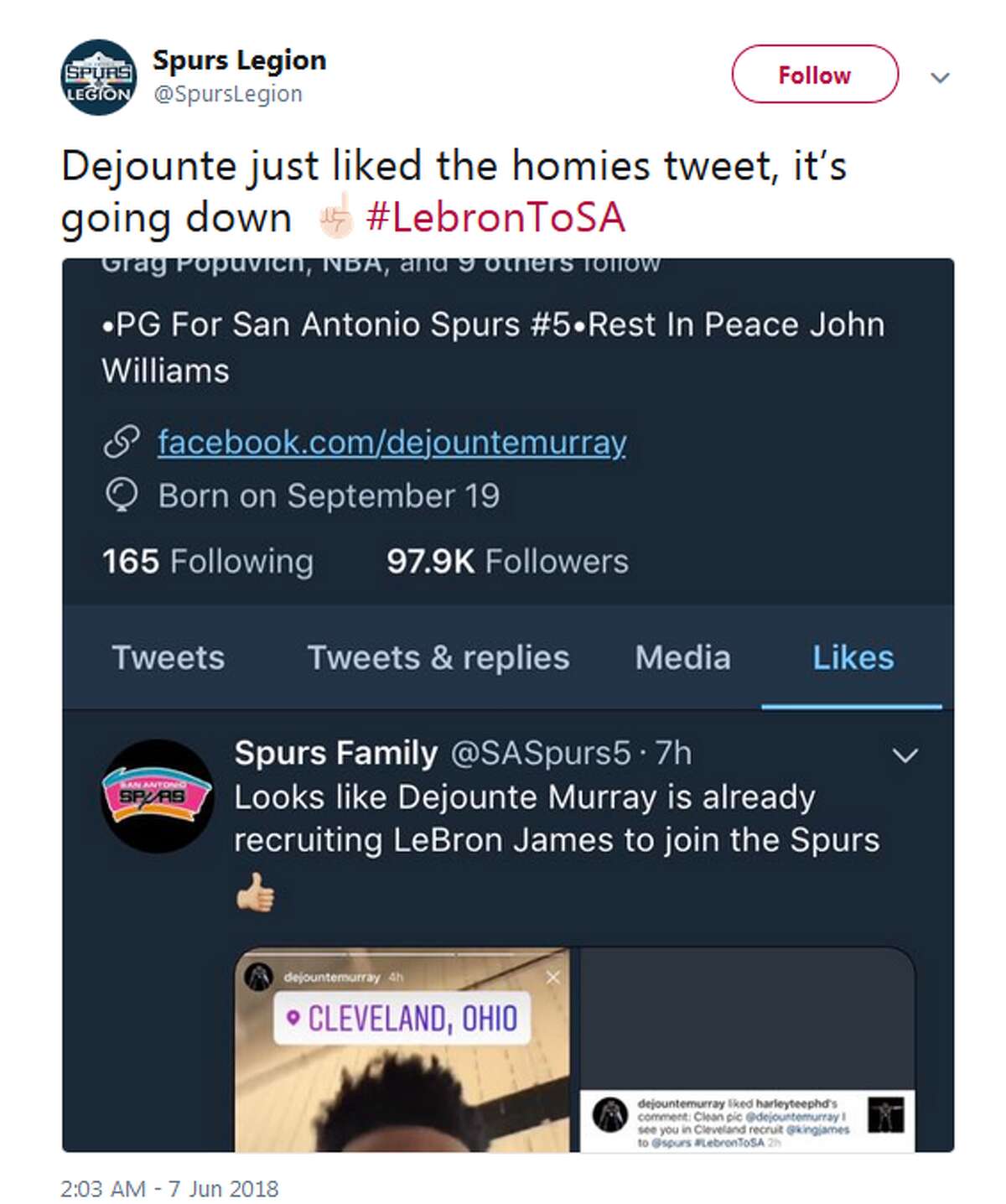 @SpursLegion: Dejounte just liked the homies tweet, it’s going down ☝