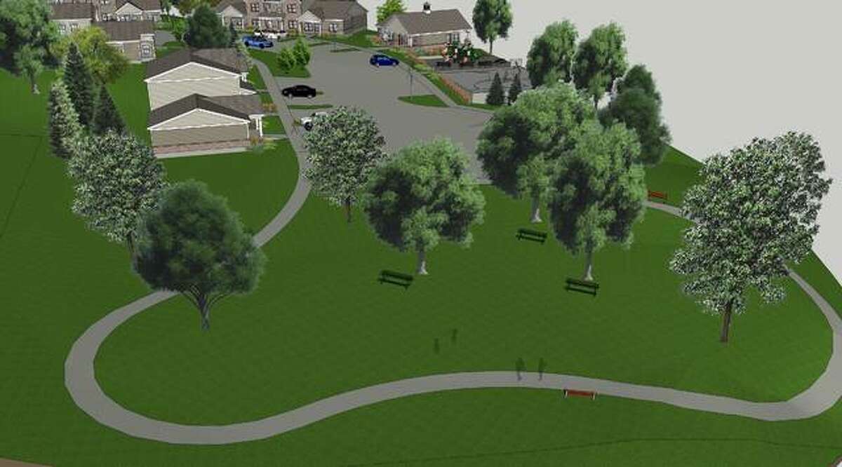 A mockup shows the play area, with green space and a walking path, at the upcoming Alton development.