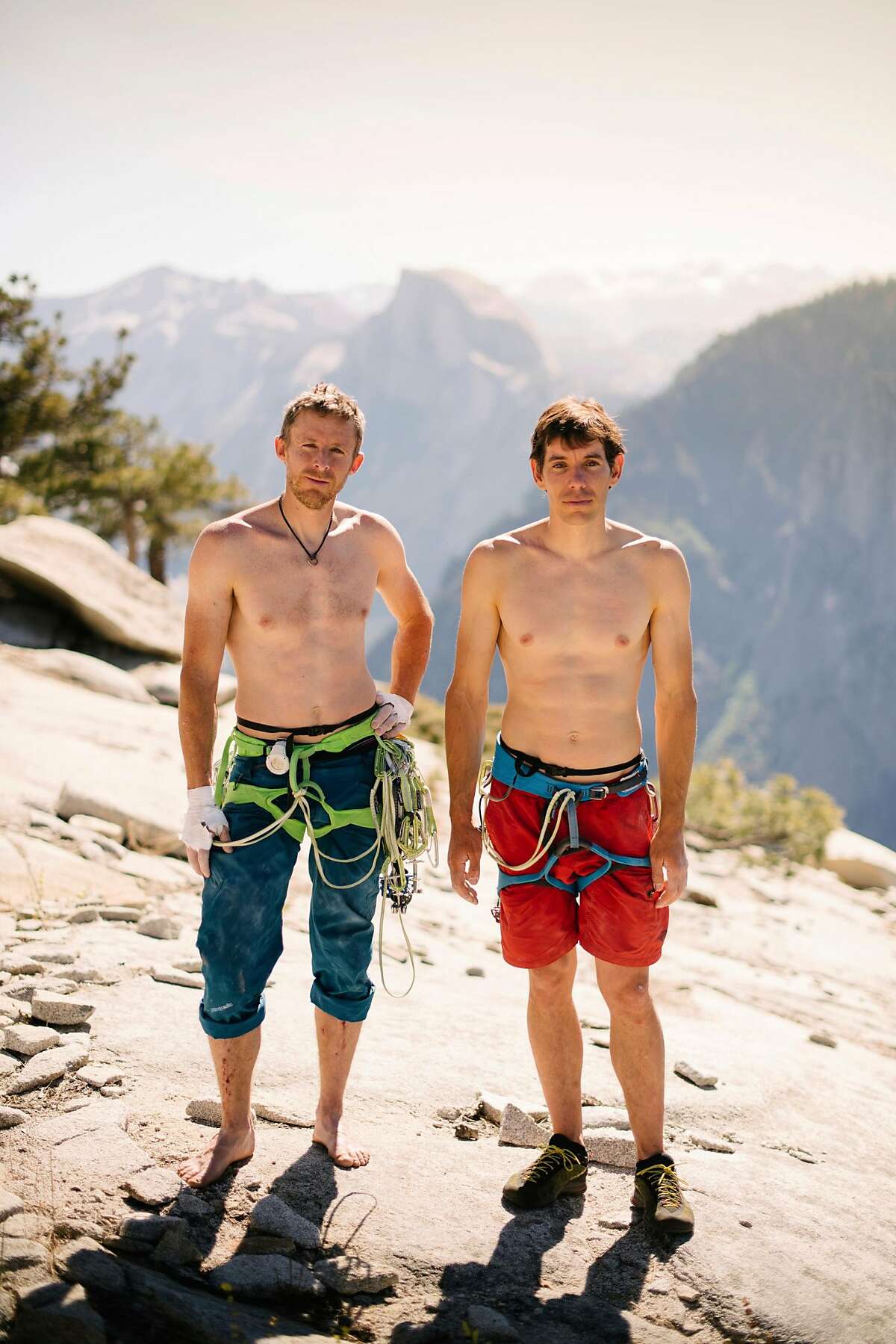 Tommy Caldwell (left) and Alex Honnold, shown atop El Capitan in Yosemite National Park on June 3, set another record for climbing the formation on June 6.