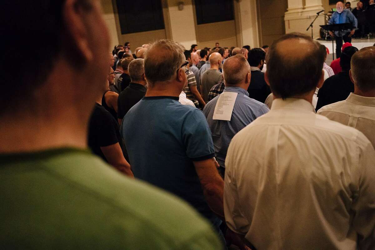 Members of the San Francisco Gay Men's Chorus practice during a rehearsal at the Academy of Art University in San Francisco, Calif., Monday, June 4, 2018.
