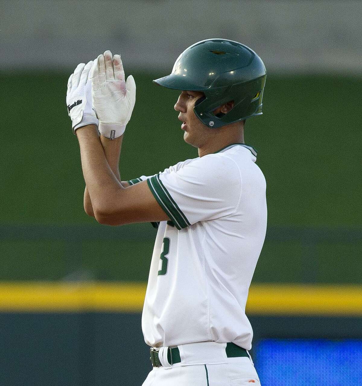 Cal Martin #8 of San Antonio Reagan reacts after hitting a double in the second inning of a Class 6A state semifinal game during the UIL State Baseball Championships at Dell Diamond on Friday, June 8, 2018, in Round Rock.