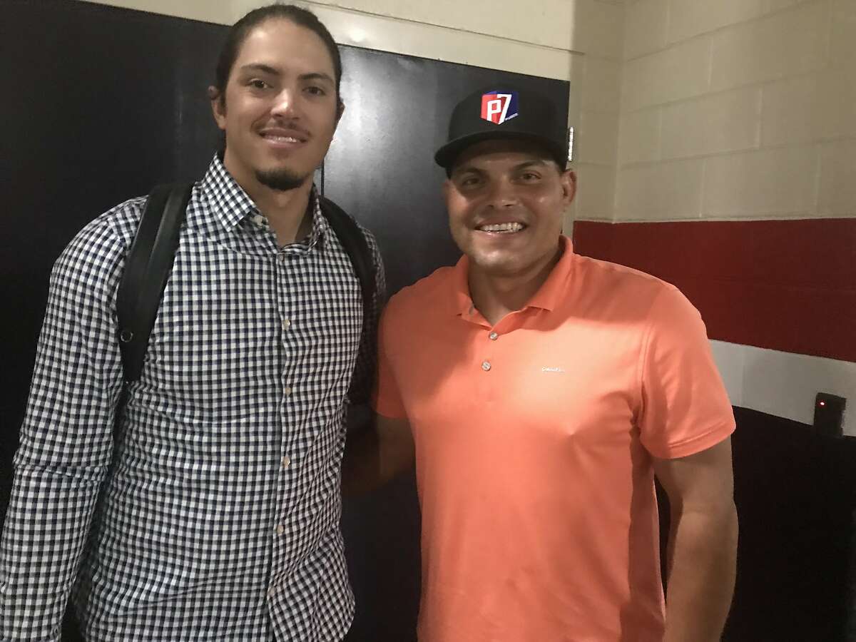 Hall of Famer Ivan Rodriguez, right, with son Dereck Rodriguez, who made his second big-league start for the San Francisco Giants against the Washington Nationals at Nationals Park on June 9, 2018. Photo by John Shea