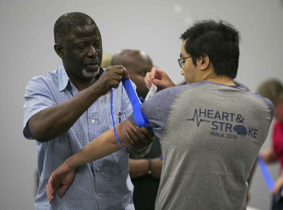 Architect and Houston resident Ralph Egbuonu practices applying a tourniquet at Stop the Bleed, a free tourniquet/bleeding control training for the public in Sugar Land on Saturday, June 9, 2018. Egbuonu often travels to Africa for work and hope he can use this training when faced with accidents abroad. Participants received training on how to control life- and limb-threatening blood loss until a person can get treatment at a hospital. (Annie Mulligan / For the Houston Chronicle)