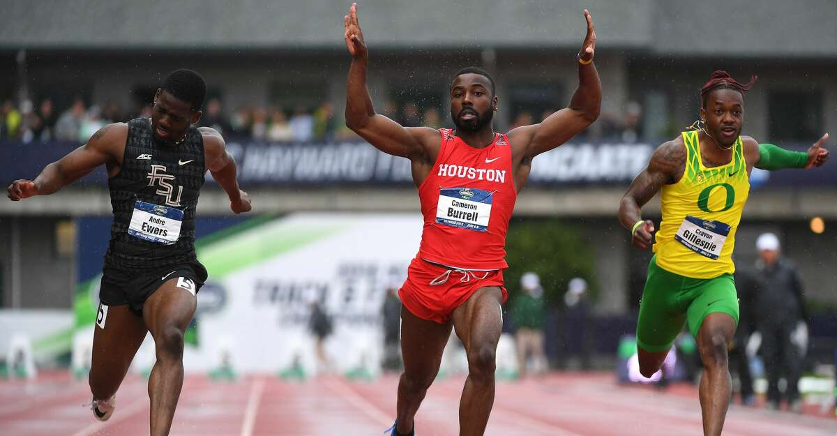 EUGENE, OR - JUNE 8: Cameron Burrell of the Houston Cougars races to victory in the 100 meter dash during the Division I Men's Outdoor Track & Field Championship held at Hayward Field on June 8, 2018 in Eugene, Oregon. (Photo by Jamie Schwaberow/NCAA Photos via Getty Images)