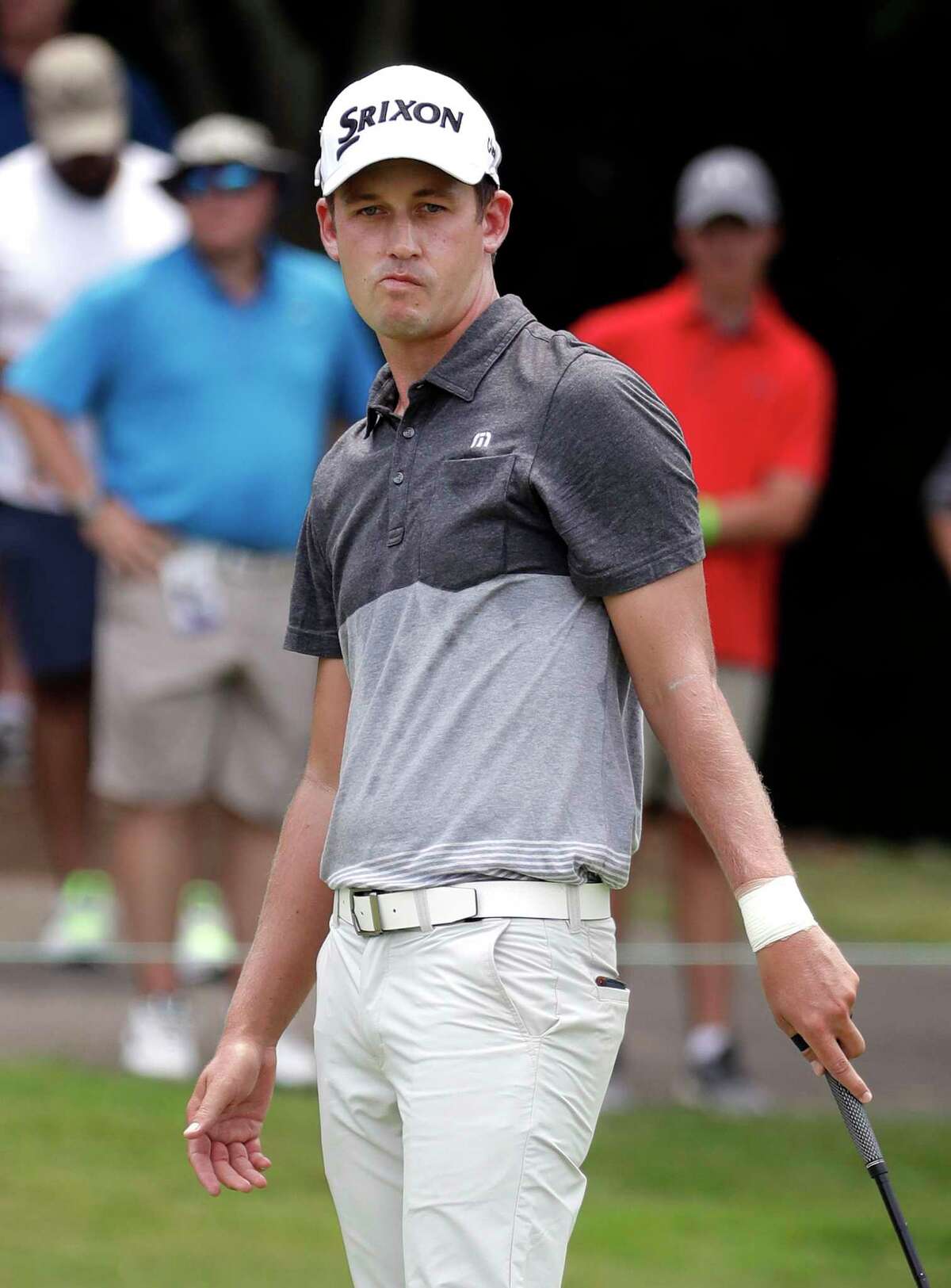 Andrew Putnam watches his birdie putt attempt on the seventh green during the third round of the St. Jude Classic golf tournament Saturday, June 9, 2018, in Memphis, Tenn. Putnam parred the hole. (AP Photo/Mark Humphrey)