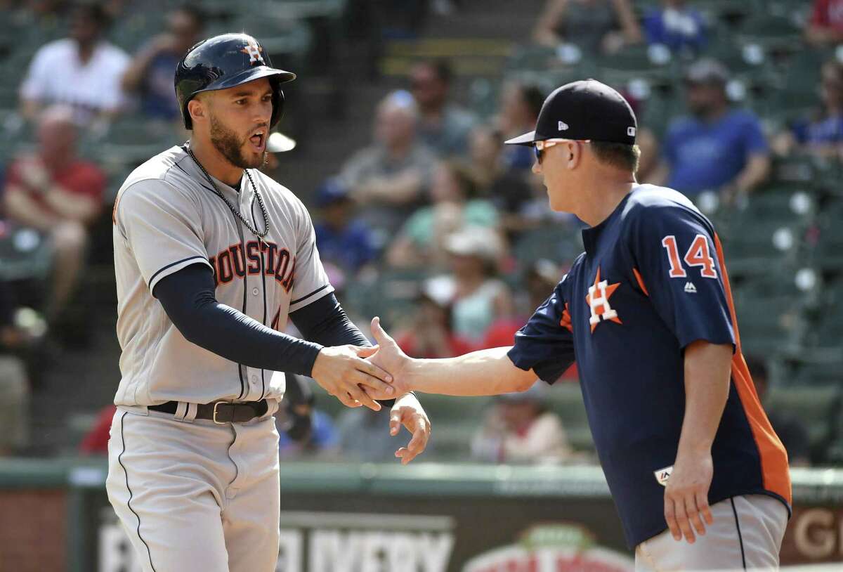 George Springer of the Houston Astros steals second base in the ninth