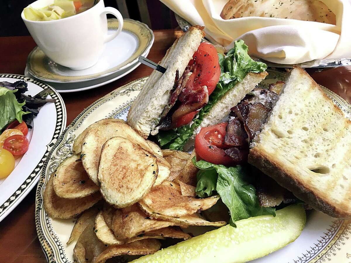 Kurobuta BLT at The Bar at Bohanan’s From 11 a.m. to 2 p.m. on the weekdays, the Jazz Age luxury of Bohanan’s Prime Steaks and Seafood takes a seat at the bar downstairs, where a BLT with chips is just $10.95. But this is Bohanan’s, so you get country club service and gilded china to go with your bacon, lettuce and tomato sandwich. And not just bacon, but sweet and smoky boutique Kurobuta bacon from prized Berkshire hogs, dressed with Romaine, heirloom tomatoes and basil pesto aioli.  219 E. Houston St., 210-472-2202, bohanans.com/bar