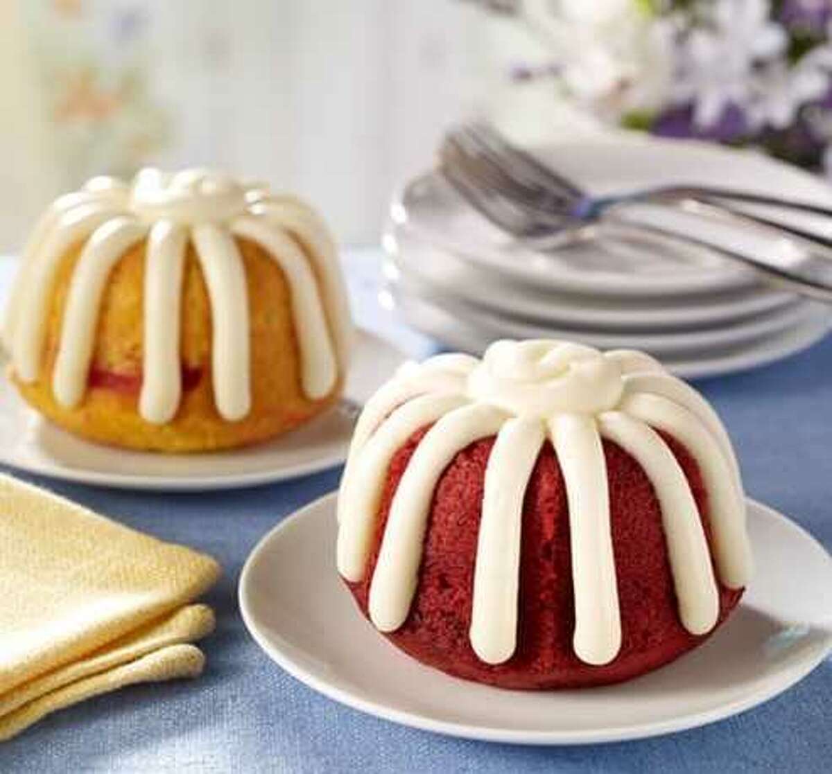 Red velvet and white chocolate raspberry Bundtlets are shown.