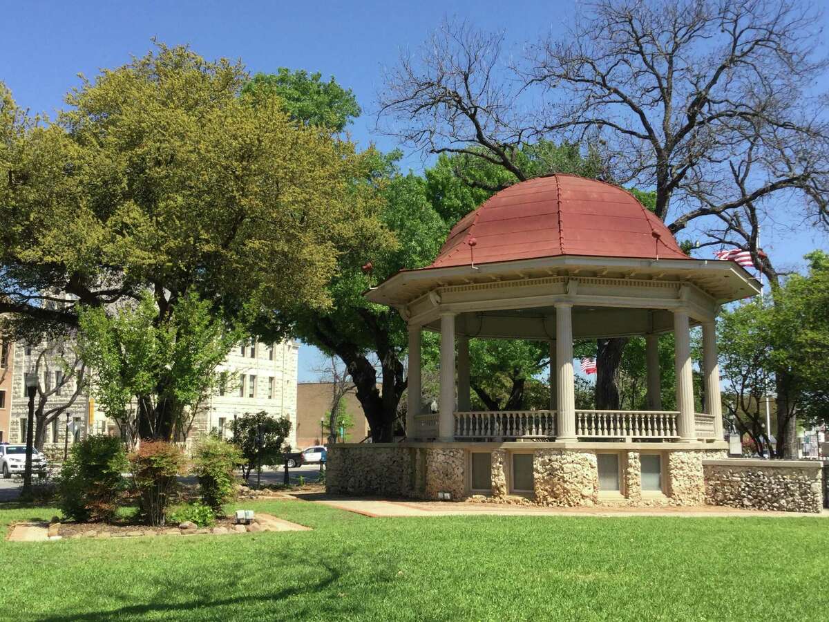 Downtown New Braunfels' Main Plaza was first built in 1845 and the gazebo was built in 1905 in the neo-classical style.