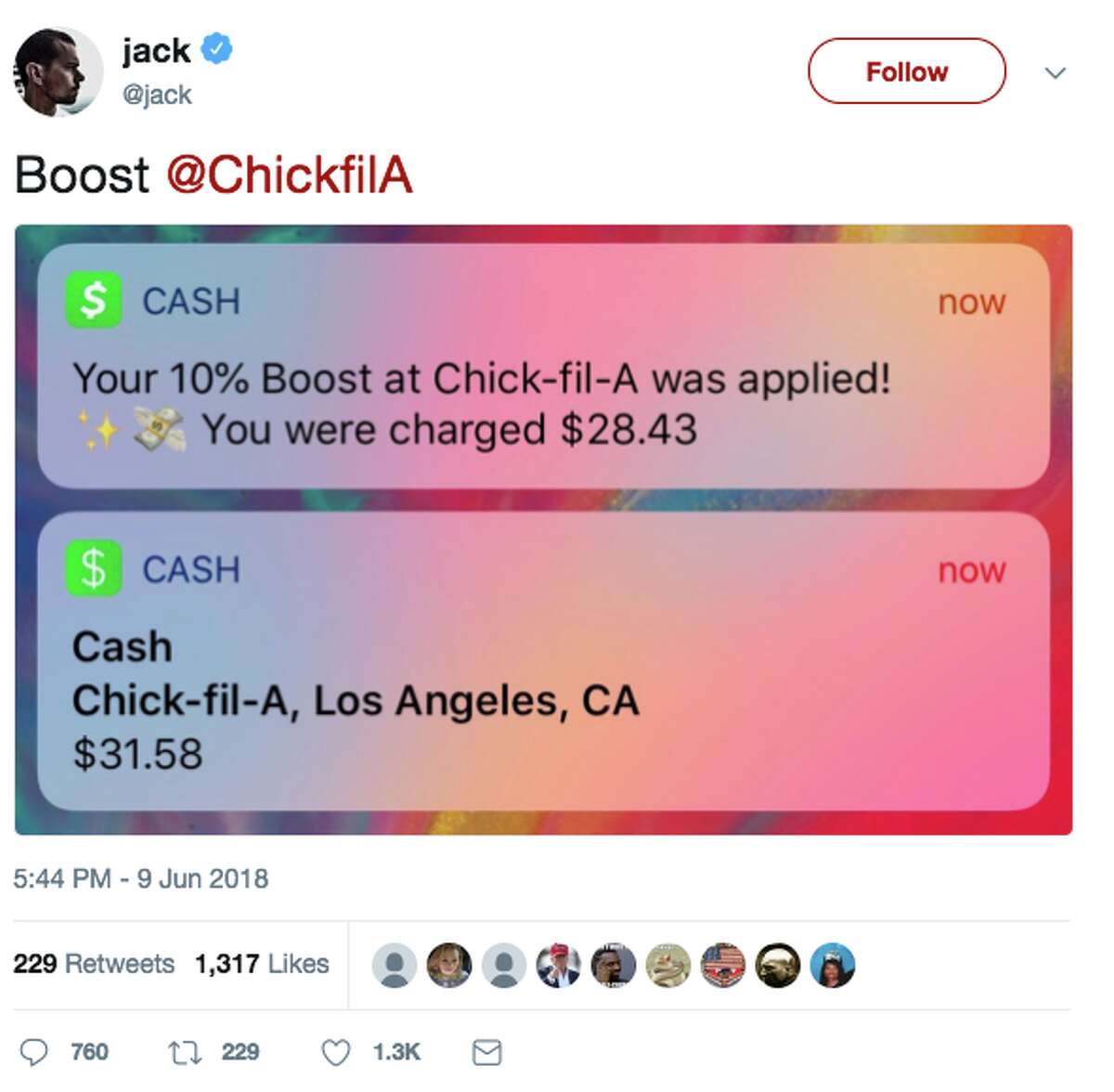 Twitter CEO Jack Dorsey shared a screenshot from his phone showing a purchase he made at Chick-fil-A on Saturday, June 9, 2018.
