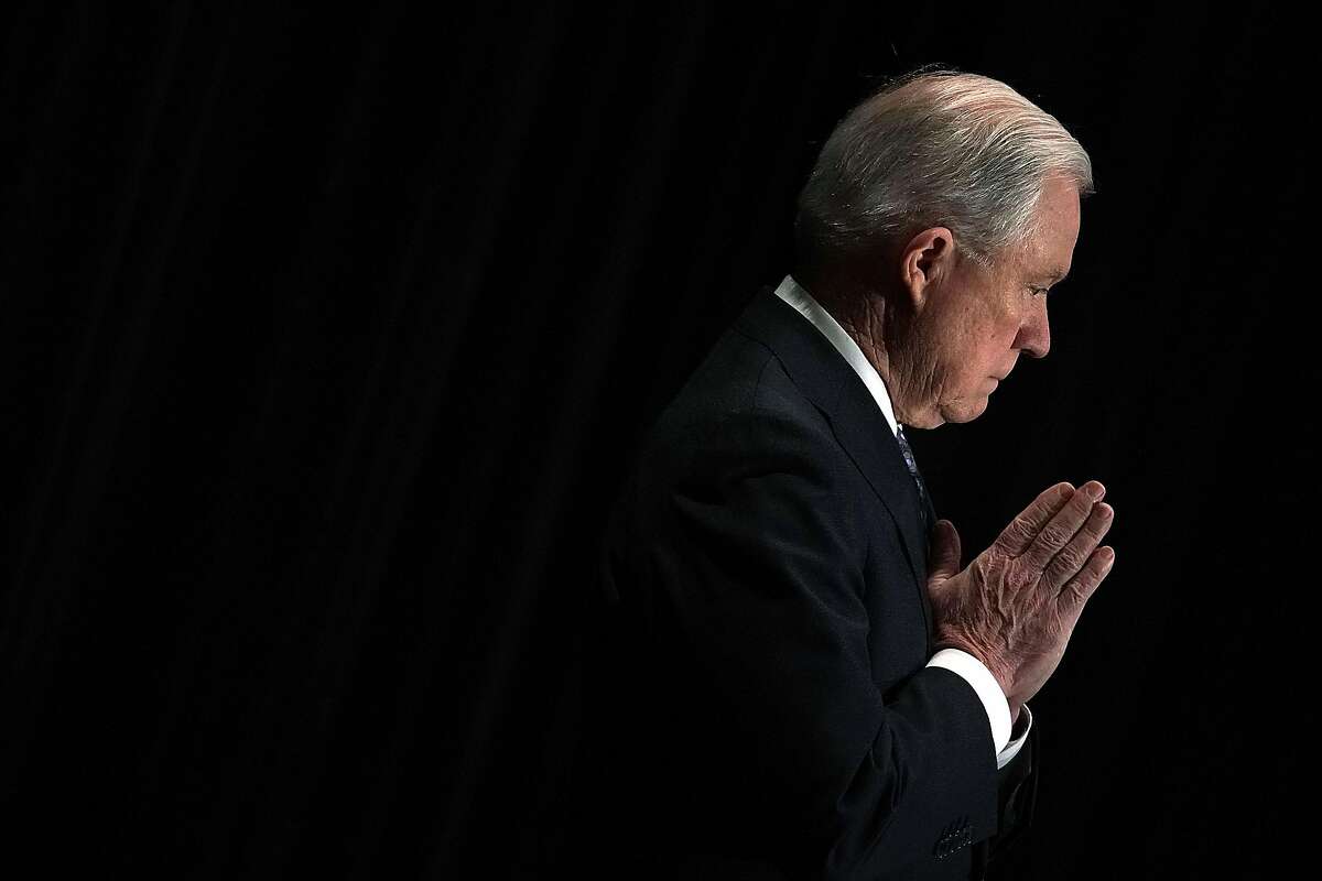 TYSONS, VA - JUNE 11: U.S. Attorney General Jeff Sessions listens as he is introduced during the Justice Department's Executive Officer for Immigration Review (EOIR) Annual Legal Training Program June 11, 2018 at the Sheraton Tysons Hotel in Tysons, Virginia. Sessions spoke on his intention to limit reasons for people to claim asylum in the U.S. (Photo by Alex Wong/Getty Images) *** BESTPIX ***