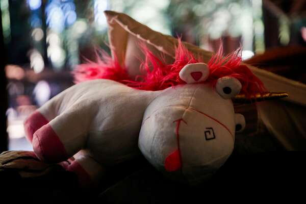 A stuffed animal rests on a students suit case at Camp Everytown.