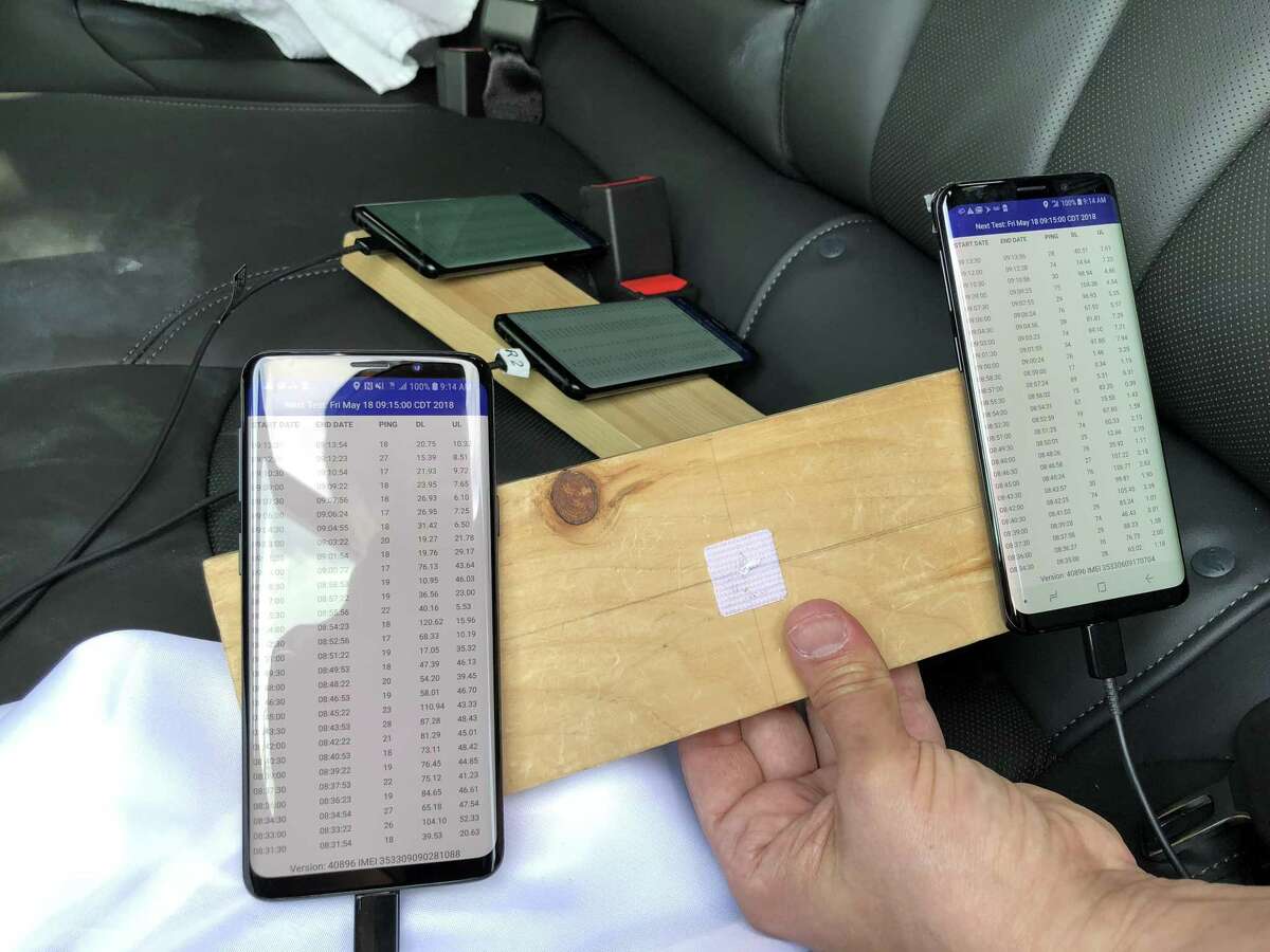 Michael Muchmore of PC Magazine drove around Houston on May 18, 2018, with four smartphones, one for each of the major carriers, testing cellular connections around town for the publication's annual cell-service survey.