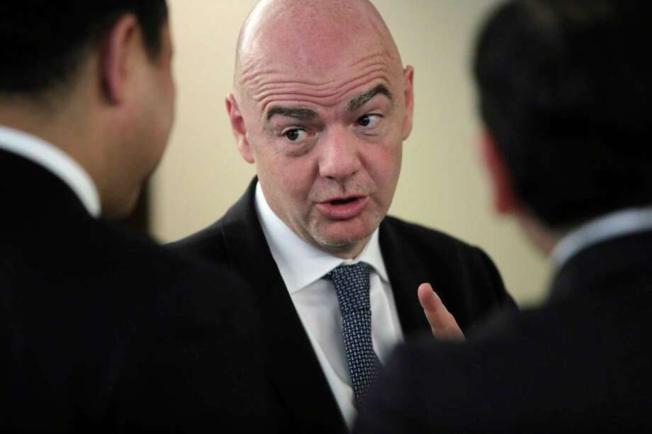 FIFA President Gianni Infantino speaks with participants of the Asian Football Confederation (AFC) meeting in Moscow, Russia, Monday, June 11, 2018. (AP Photo/Dmitri Lovetsky) Photo: Dmitri Lovetsky / Copyright 2018 The Associated Press. All rights reserved.