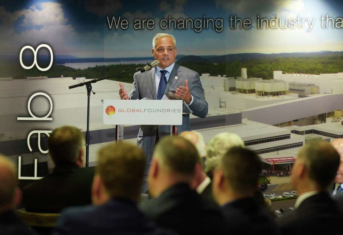 Tom Caulfield, CEO, Globalfoundries, addresses those gathered at an event at GlobalFoundries on Monday, May 7, 2018, in Malta, N.Y. (Paul Buckowski/Times Union)