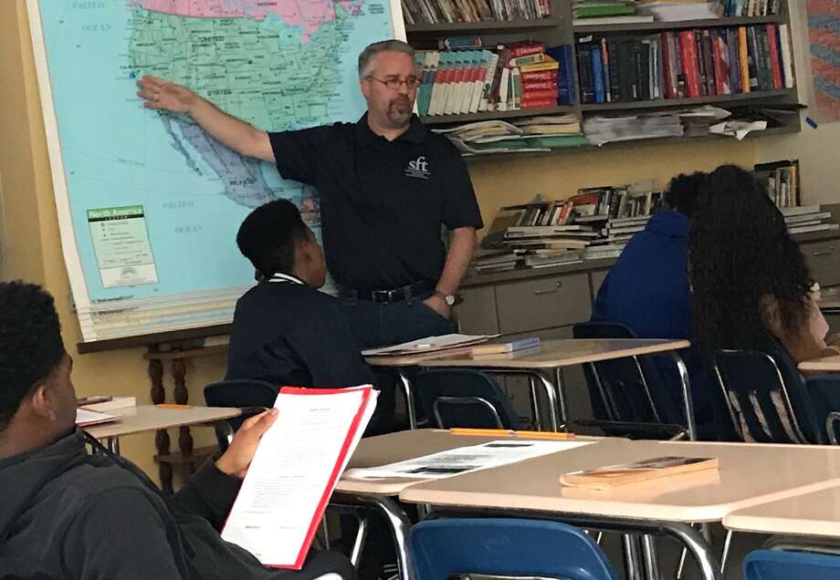 Steve Balogh in his classroom, where he teaches 8th grade history at Mont Pleasant Middle School in Schenectady. (Paul Grondahl / Staff writer) Photo: Paul Grondahl / Staff Writer