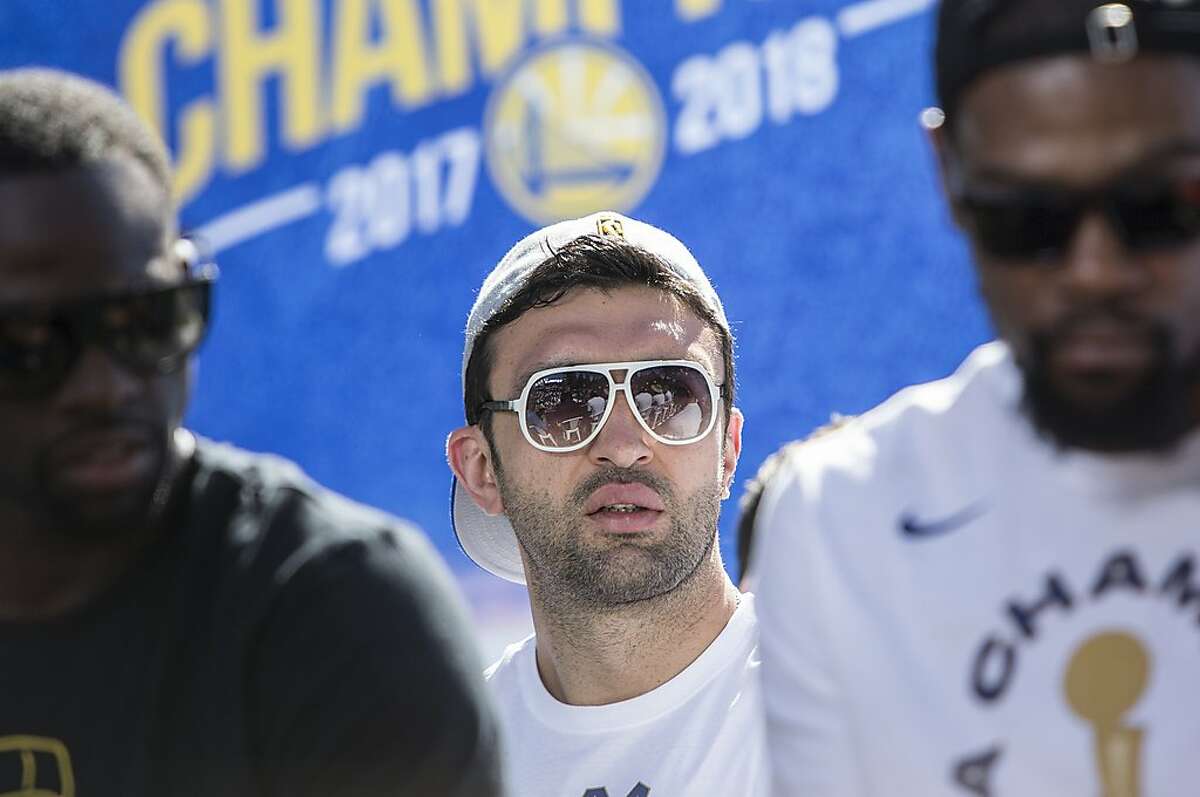 Warriors' Zaza Pachulia attends an NBC Bay Area Sports question and answer session with the team and coaches before the start of the Golden State Warriors NBA Finals victory parade in downtown Oakland, Calif. Tuesday, June 12, 2018.