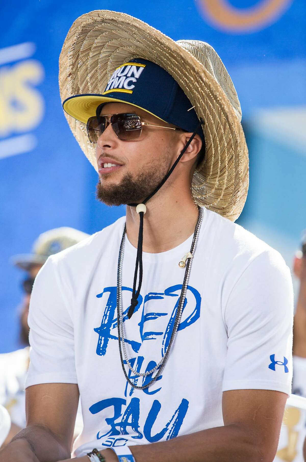 Warriors' Stephen Curry attends an NBC Bay Area Sports question and answer session with the team and coaches before the start of the Golden State Warriors NBA Finals victory parade in downtown Oakland, Calif. Tuesday, June 12, 2018.