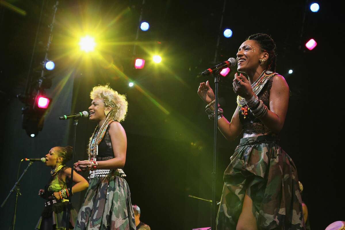 Helene Faussart and Celia Faussart of Les Nubians perform as the opener when Theophilus London performs during Celebrate Brooklyn! at the Prospect Park Bandshell on July 6, 2013 in the Brooklyn borough of New York City.