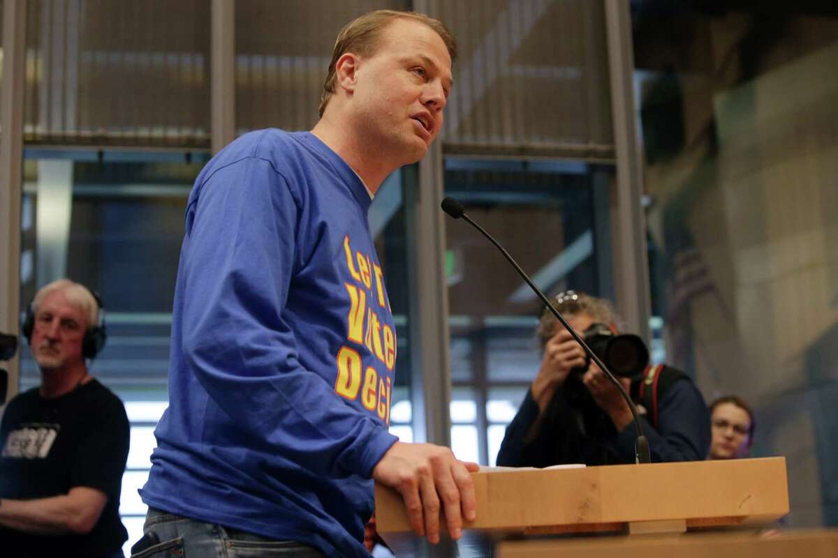 Tim Eyman loves to go before hostile legislative bodies.  Here, the initiative promoter is seen taking to the Seattle City Council.  Eyman's name is not on the ballot, but his 20-year run putting initiatives on the ballot, and profiting from same, is at stake Tuesday. 