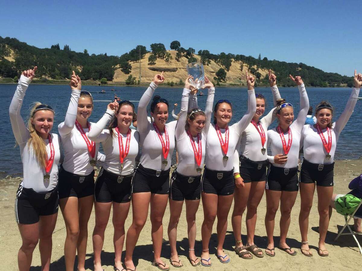 Pictured is the victorious Saugatuck Rowing Club women's youth 8+, taking gold in the event at USRowing Youth Nationals for the fourth year in a row. Pictured L-R: Clara Everett, Fairfield; Parker Cuthbertson, Westport; Hope Delaney, Fairfield; Caitlin Esse, New Canaan; Isabelle Grosgogeat, coxswain, Westport; Noelle Amlicke, Westport; Kelsey McGinley, Westport; Isabel Mezei, Fairfield; Bonnie Pushner, Fairfield.