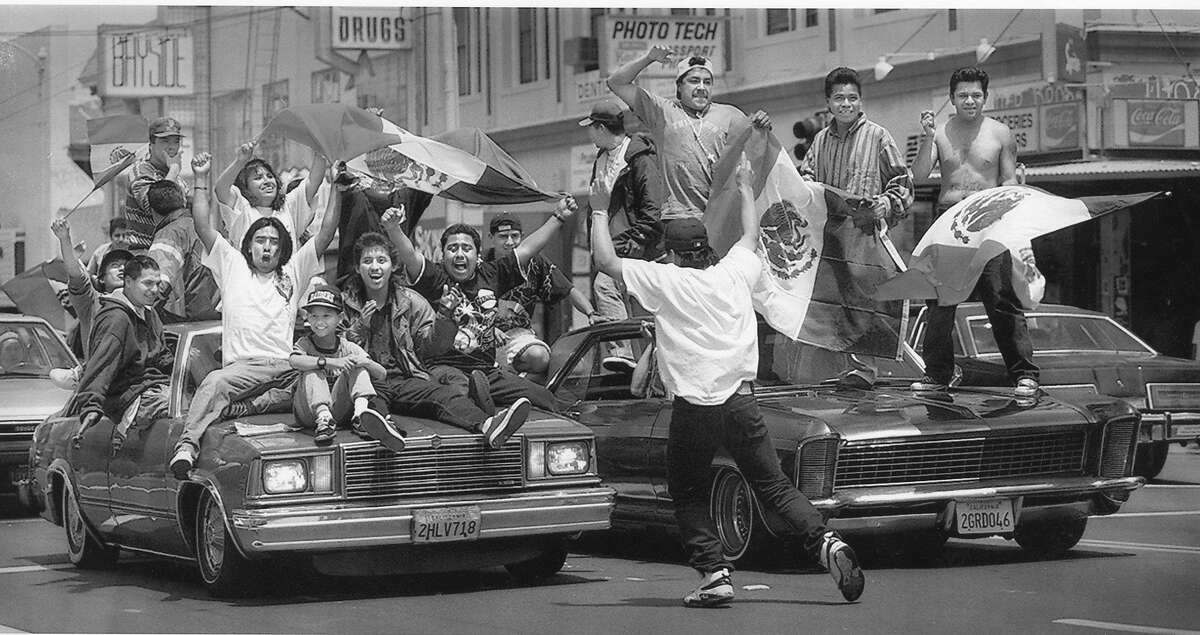 Mexico World Cup team fans celebrate inthe Mission District after their team won overIreland 2-1, June 24, 1994