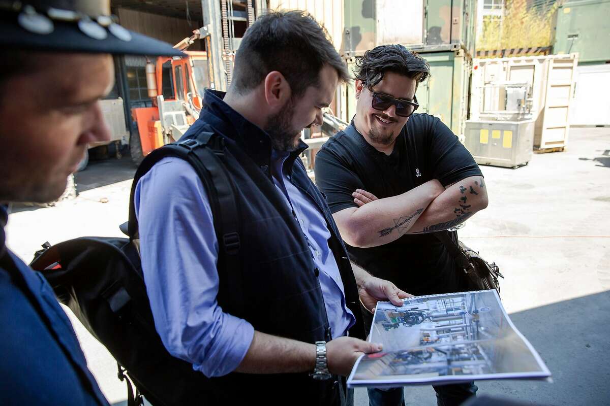 Ryan Spurlock (right), founder and executive director of Humanmade, and John Fisher discuss plans and construction for the future site of Humanmade on De Haro Street in San Francisco, Calif. on Monday June 11, 2018. Humanmade is a non-profit community based manufacturing and prototyping studio offering access to light manufacturing tools as well as industry training. Thursday, June 14, the San Francisco Planning Commission Hearing will decide whether to approve or disapprove the groups applications for conditional use purposes of both office use and light industrial work for the location.