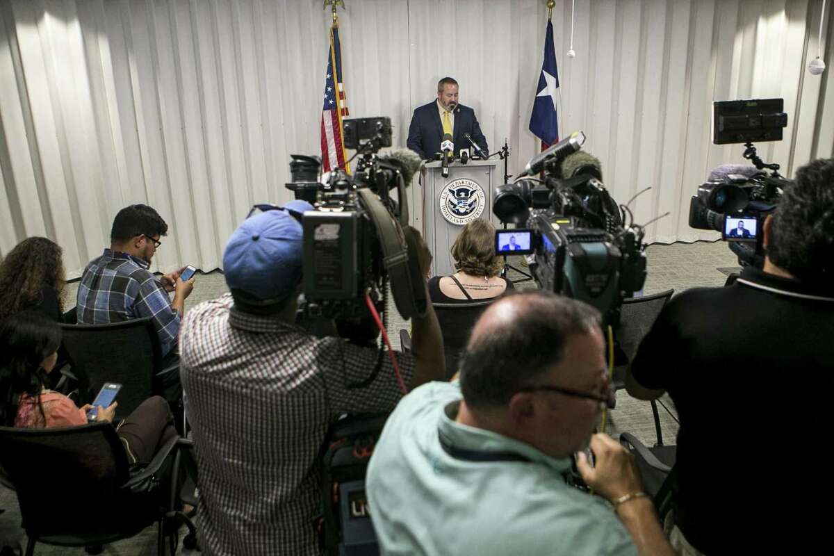 Special Agent in Charge Shane M. Folden, HSI San Antonio speaks at a press conference June 13, 2018. The press conference was held to provide information regarding dozens of suspected smuggled aliens discovered Tuesday night inside a tractor-trailer in a Northeast San Antonio alleyway.