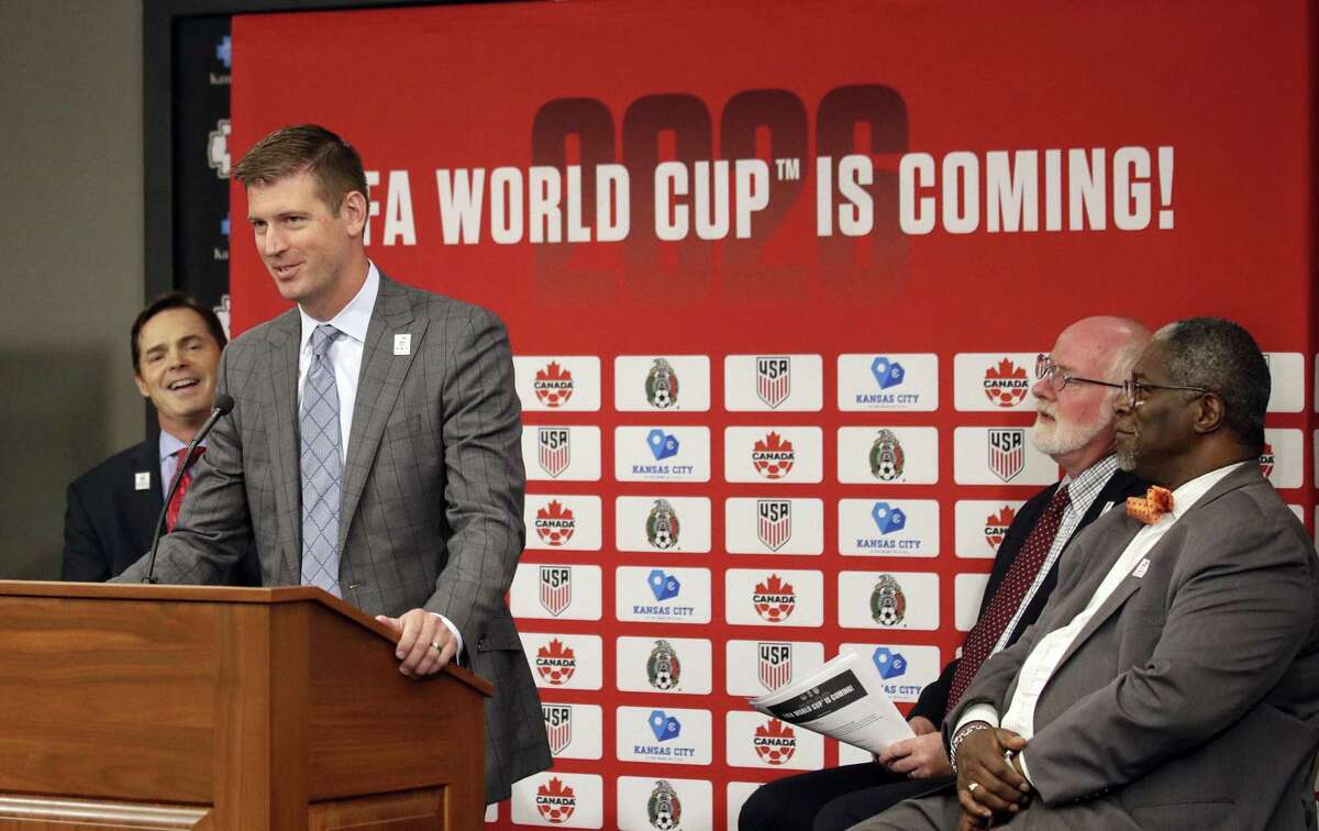 Sporting Kansas City President and CEO Jake Reid speaks during a news conference after North America's successful bid to land the 2026 World Cup, at Arrowhead Stadium after in Kansas City, Mo., Wednesday, June 13, 2018. (AP Photo/Orlin Wagner)