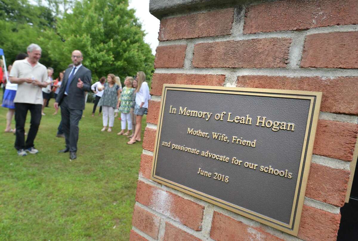 A Plaque on the side of the new electronic sign remembering Leah Hogan during a dedication ceremony on Wednesday June 13, 2018 in Norwalk Conn. Leah Hogan who passed away this past fall was co-president of the group, Senators Success Fund that made the sign possible.