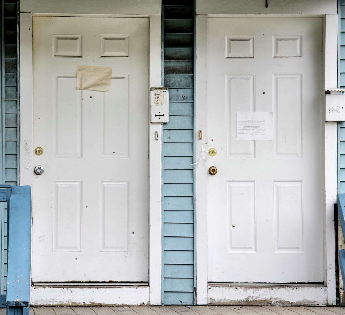The scene of a murder at 448 Livingston Avenue June 13, 2018 which shows signs of bullet holes on the front door which occurred last evening in Albany, N.Y. (Skip Dickstein/Times Union)