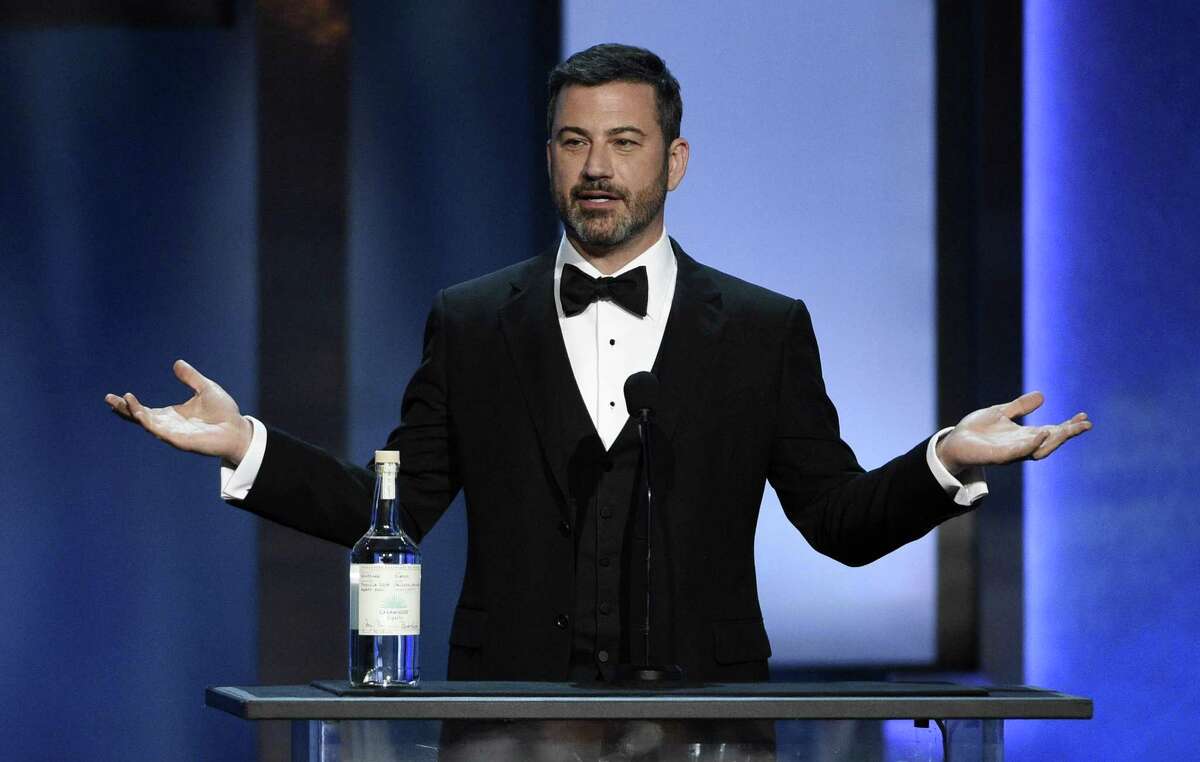 Comedian Jimmy Kimmel addresses the audience during the 46th AFI Life Achievement Award gala ceremony honoring actor/director George Clooney at the Dolby Theatre, Thursday, June 7, 2018, in Los Angeles. (Photo by Chris Pizzello/Invision/AP)