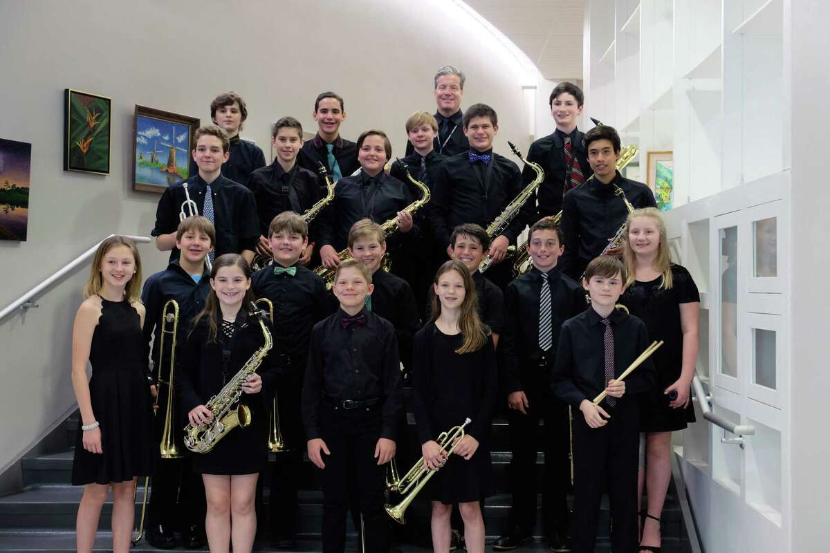 The Middlesex Middle School Jazz Band played for the Darien Senior Center on May 31. Bottom row, from left: Paige Domenici, Katie Keating, Ryan Hoffman, Amelia Del Bene and Cillian Hallinan. Second row, from left: Will Hopper, Bohdan Czebiniak, Nick Huffman, Teddy Peters, Dylan DeRiso and Charlotte Krueger. Third row, from left: Luke Riordan, Oliver West, Will Abbott, Austin Ennor and Khrystos Yika. Fourth row, from left: Cosmo Amatruda, Jake Dansker, Jack McDermott, Jim Carter (director) and Drew Passaretti.