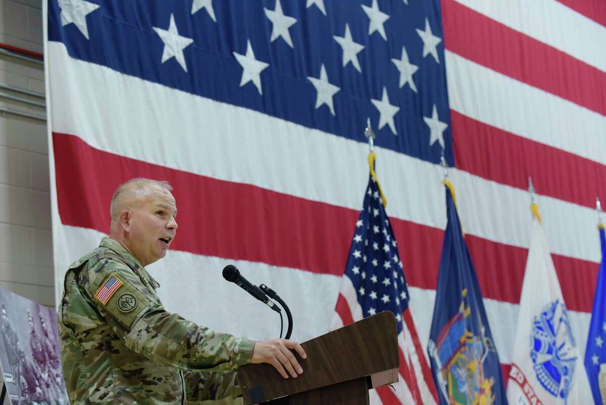 Major General Raymond Shields, commander of the New York Army National Guard, addresses those gathered at an event at the New York State Division of Military and Naval Affairs Headquarters to celebrate the 243rd birthday of the United States Army on Thursday, June 14, 2018, in Latham, N.Y. (Paul Buckowski/Times Union)