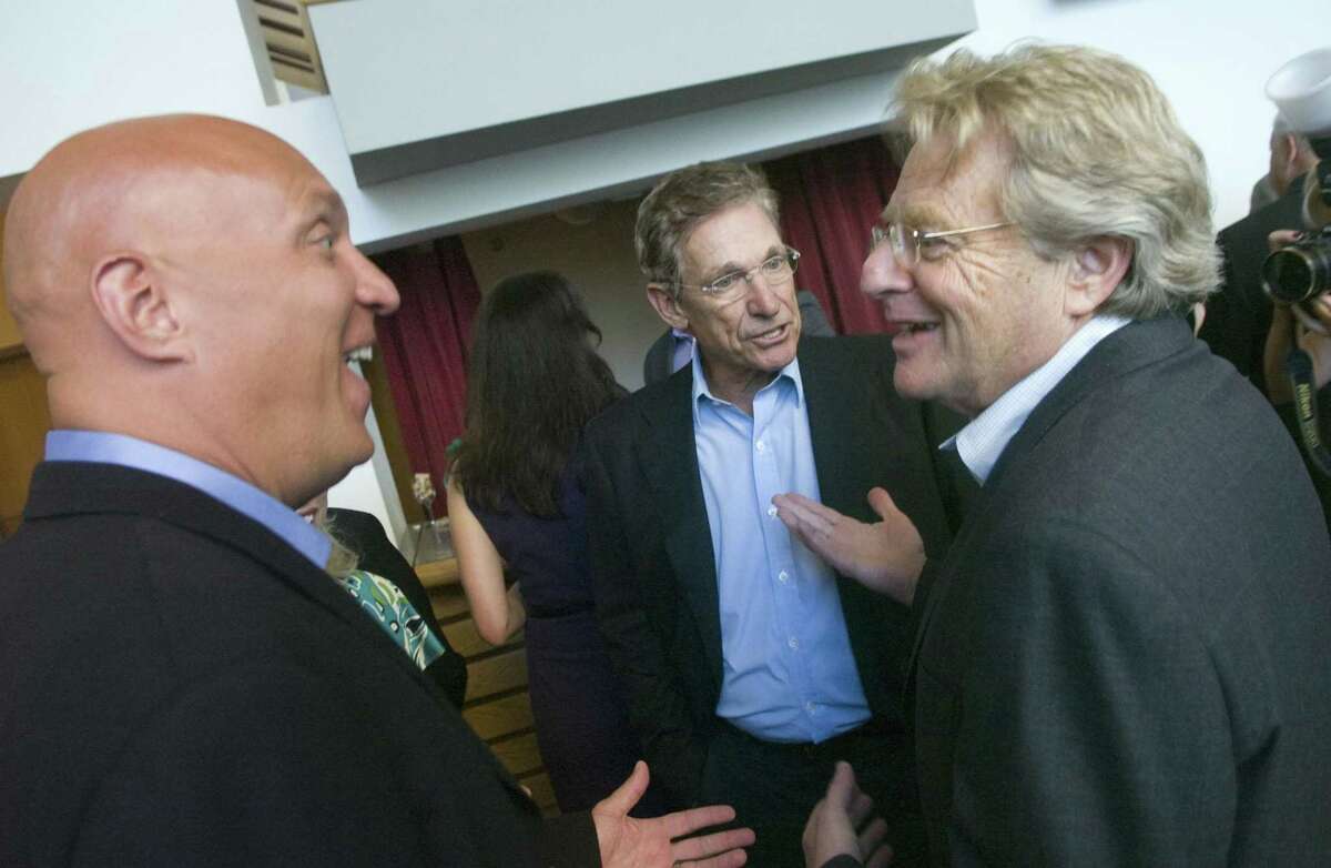 Television show hosts, from left, Steve Wilkos, Maury Povich and Jerry Springer talk during a NBC Universal Studios Ribbon cutting ceremony at Rich Forum in Stamford, Conn. on Monday, Sept 14, 2009.