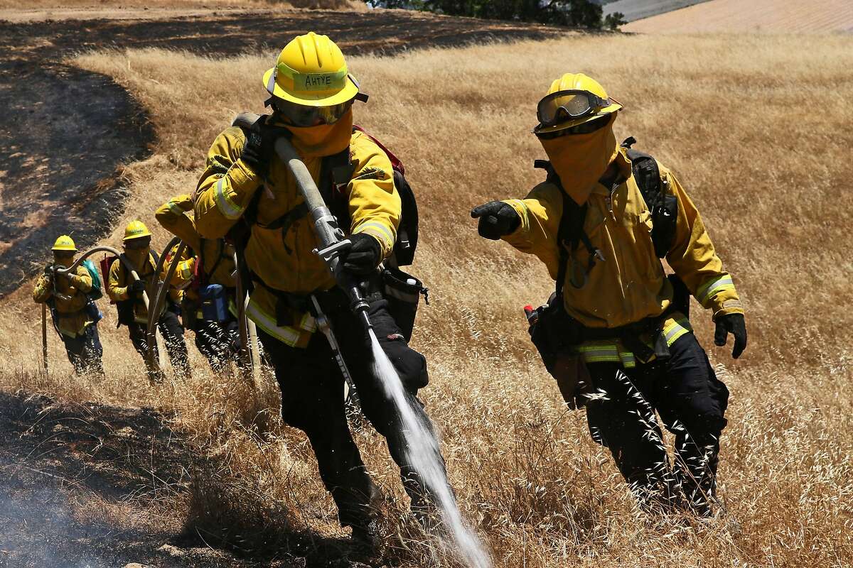 Marin County Fire Department firefighter trainees work together to extinguish a fire during wildfire training, Wednesday, June 13, 2018, in San Rafael, Calif.