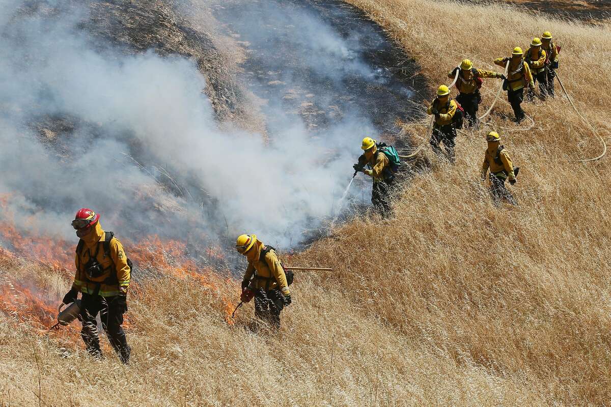 Marin County Fire Department firefighter trainees work together to extinguish a fire during wildfire training, Wednesday, June 13, 2018, in San Rafael, Calif.